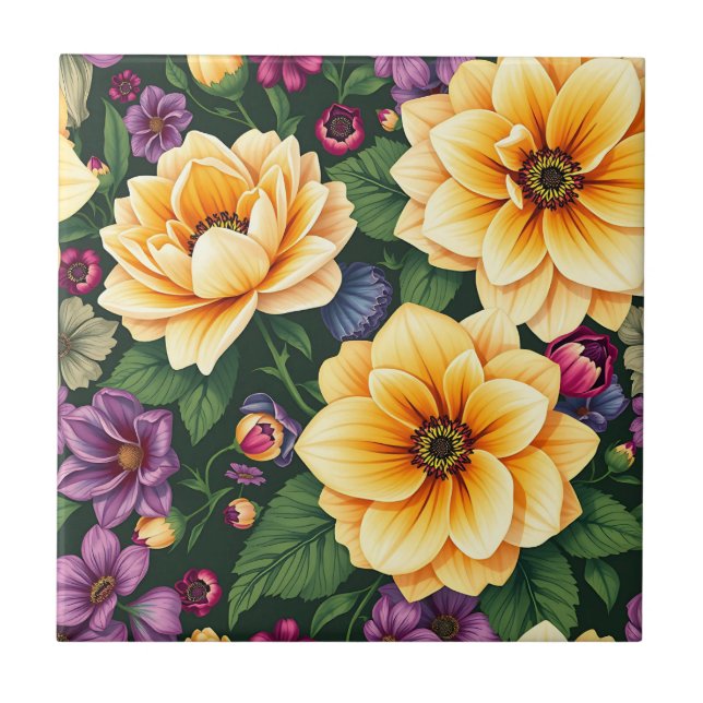 Bright Yellow & Purple Flowers Colourful Floral Ceramic Tile (Front)