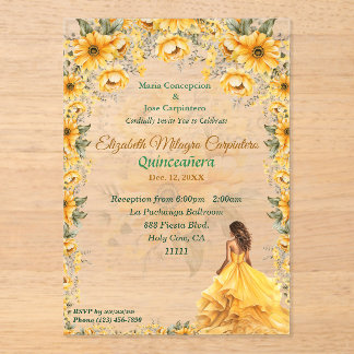 Bright Yellow Quinceañera Floral Design Acrylic Invitations