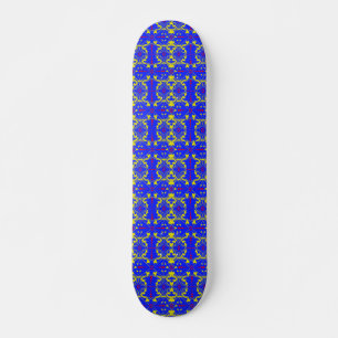 Bright yellow-red ornament on a blue background. skateboard