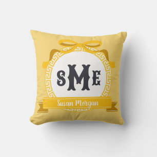 Bright Yellow Reverse Greek Key Bow Monogram Cushion