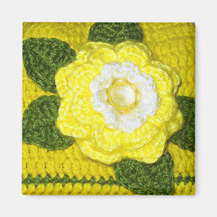 Bright Yellow Rose and Green Leaves Crochet Print Magnet