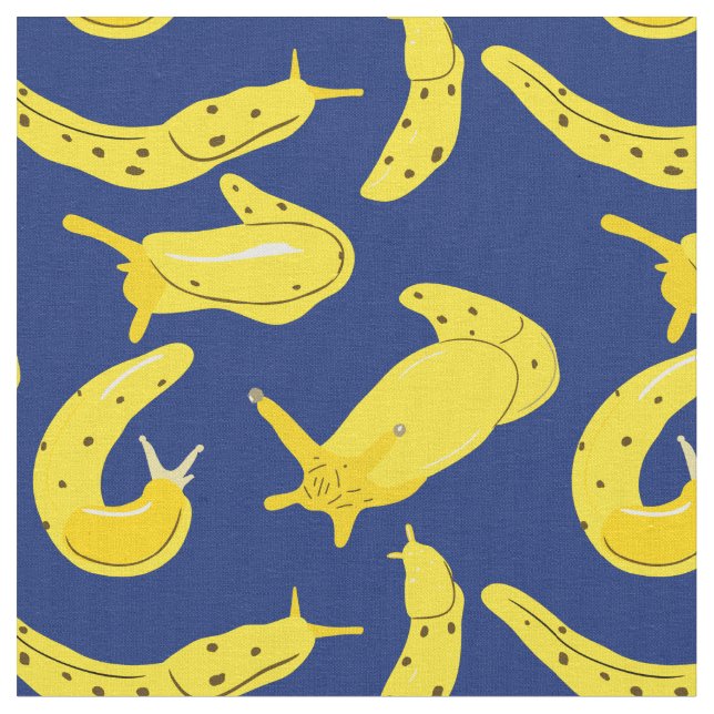 Bright Yellow, Royal Blue Banana Slugs Illustrated Fabric (Close Up)