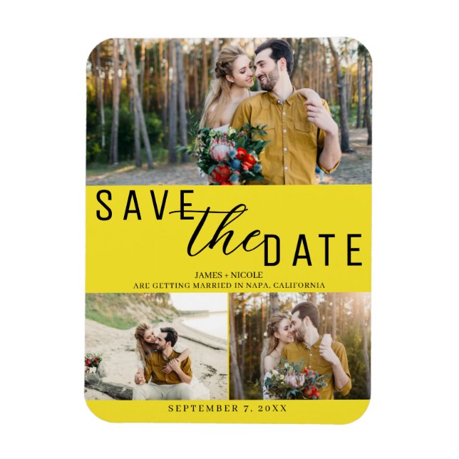 Bright Yellow Save the Date Wedding 3 Photos Magnet (Vertical)