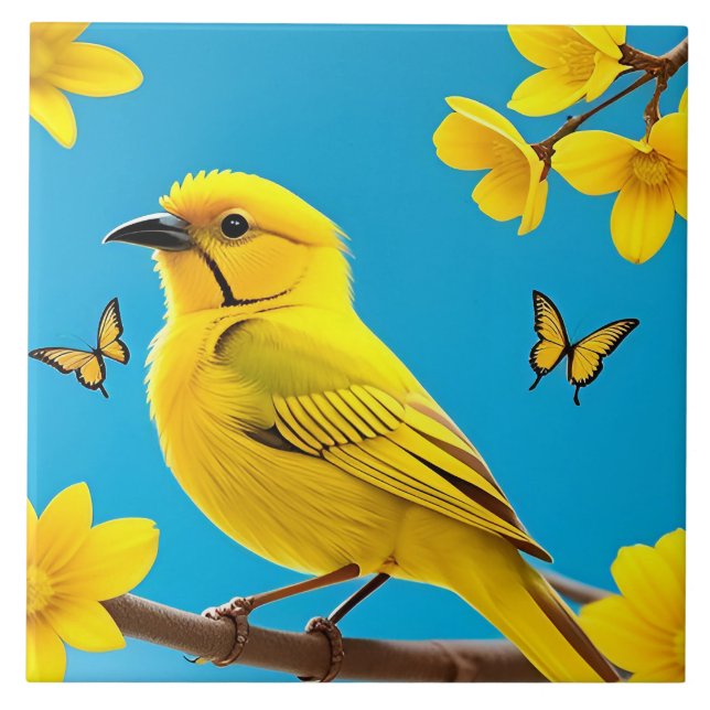 Bright Yellow Songbird Perched on a Branch Ceramic Tile (Front)