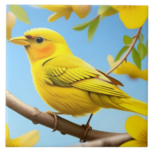 Bright Yellow Songbird Perched on a Branch Ceramic Tile