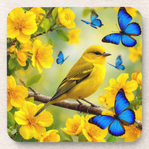 Bright Yellow Songbird Perched on a Branch Coaster