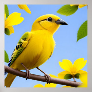 Bright Yellow Songbird Perched on a Branch Poster