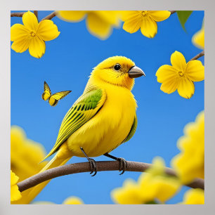 Bright Yellow Songbird Perched on a Branch Poster