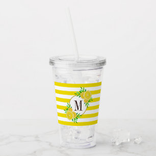 Bright Yellow Stripes Citrus Fruit Slices Monogram Acrylic Tumbler