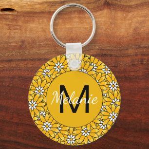 Bright Yellow Summer Floral Pattern Personalised Key Ring