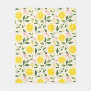 Bright Yellow Summer Lemon Slices and Flowers Fleece Blanket
