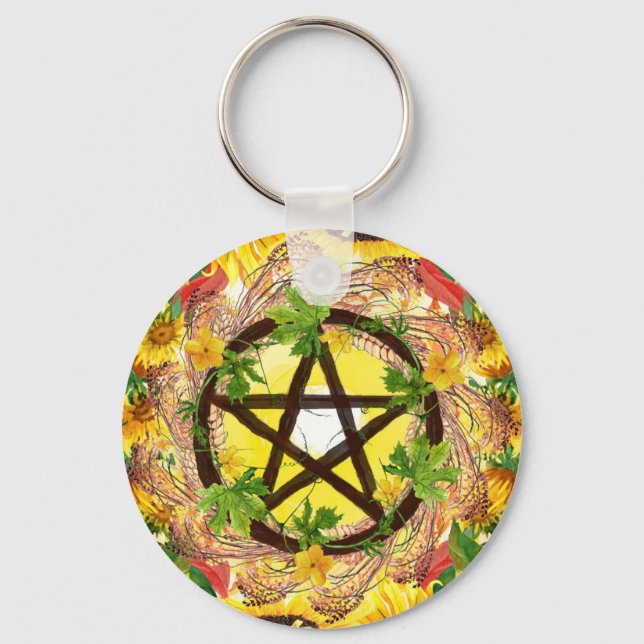 Bright Yellow Summer Solstice Sunflower Pentacle Key Ring (Front)