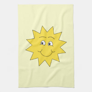 Bright Yellow Summer Sun. Smiling Face. Tea Towel