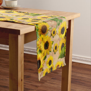 Bright Yellow Sunflower Garden on Marble  Short Table Runner