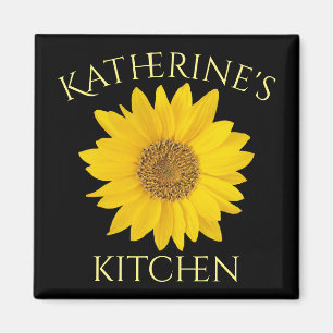 Bright Yellow Sunflower Name Kitchen Black Magnet