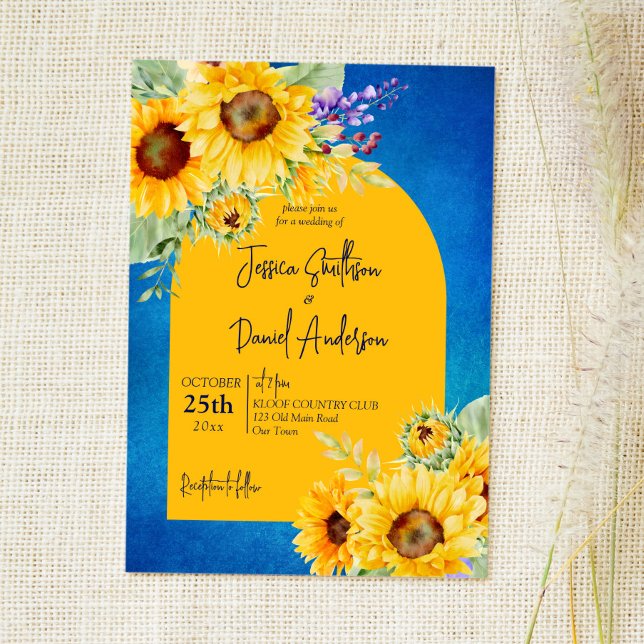 Bright yellow sunflowers arch on blue background invitation (Creator Uploaded)
