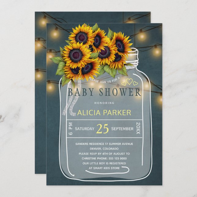 Bright yellow sunflowers mason jar baby shower invitation (Front/Back)