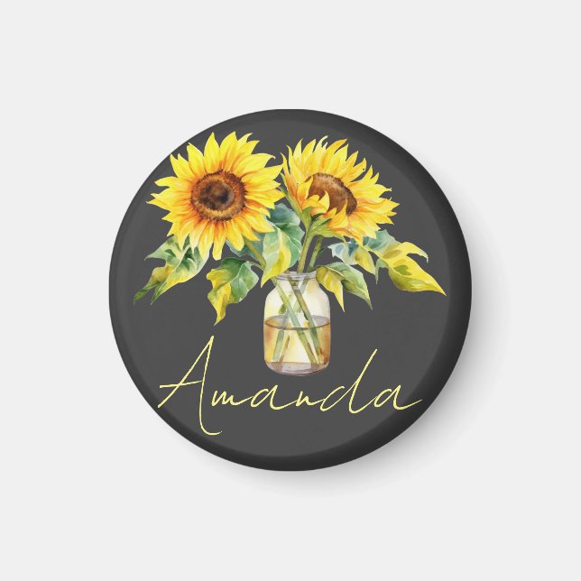 Bright Yellow Sunflowers On Black Minimalist Name Magnet (Front)