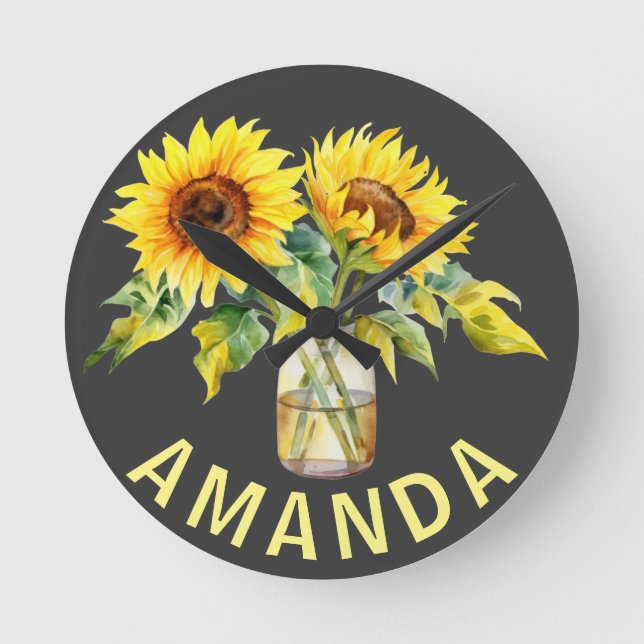 Bright Yellow Sunflowers On Black Minimalist Name Round Clock (Front)