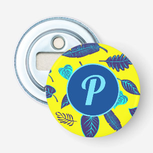 Bright Yellow Tropical Leaf Pattern Monogram Bottle Opener