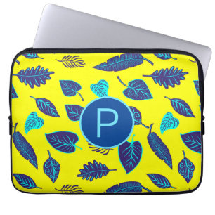 Bright Yellow Tropical Leaf Pattern Monogram Laptop Sleeve