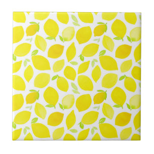 Bright Yellow Watercolor Lemon Pattern Ceramic Tile
