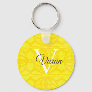 Bright Yellow Watercolor Monogram Name Key Ring