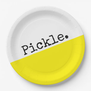 Bright Yellow White Colour Block Pickleball Motto Paper Plate