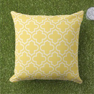 Bright Yellow White Quatrefoil Trellis Cushion