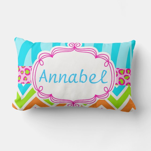 Bright Zebra Leopard and Chevron Personalised Lumbar Cushion (Front)