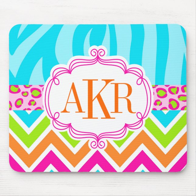 Bright Zebra Leopard and Chevron Personalised Mouse Pad (Front)