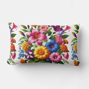 Bright Zinnias & Cosmos Flower Garden - Cheerful a Lumbar Cushion