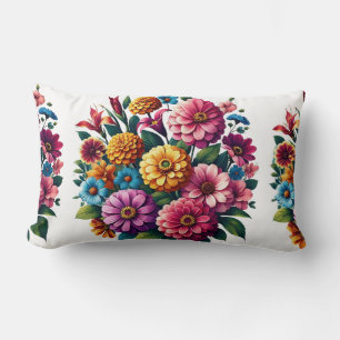 Bright Zinnias & Cosmos Flower Garden Lumbar Cushion