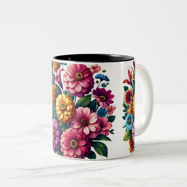 Bright Zinnias & Cosmos Flower Garden Two-Tone Coffee Mug (Front Right)
