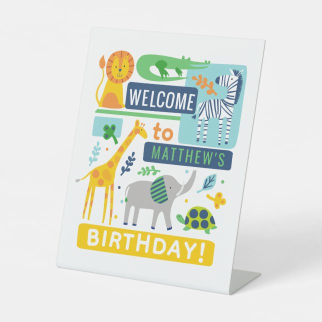 Bright Zoo Jungle Animals Birthday Pedestal Sign (Front)