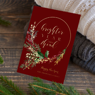 Brighter Year Ahead Watercolor Wreath New Year Foil Holiday Card