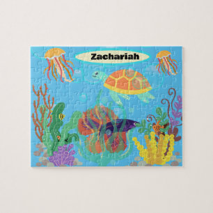 Brightly Colored Blue Ocean Kids Nautical Pattern  Jigsaw Puzzle