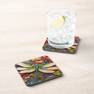BRIGHTLY COLORED DRAGONFLY WITH FLOWERS COASTER