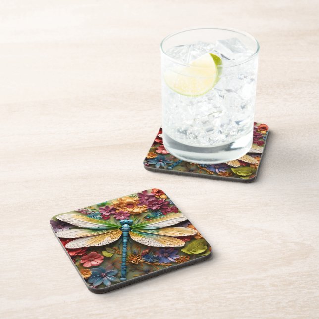 BRIGHTLY COLORED DRAGONFLY WITH FLOWERS COASTER (Right Side)
