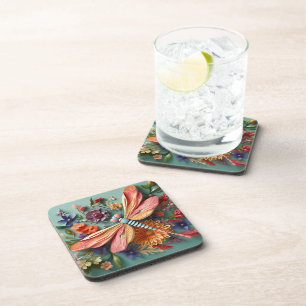 BRIGHTLY COLORED DRAGONFLY WITH FLOWERS COASTER