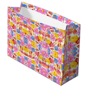 Brightly colored gift bag with a floral design 