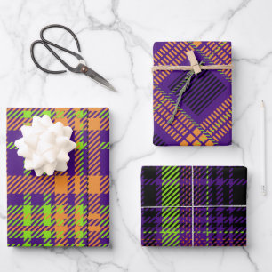 BRIGHTLY COLORED HALLOWEEN PLAID PATTERNS WRAPPING PAPER SHEET
