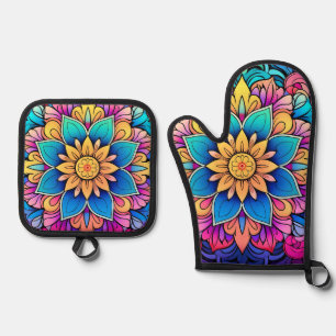 BRIGHTLY COLORED MANDALAS OVEN MITT & POT HOLDER SET