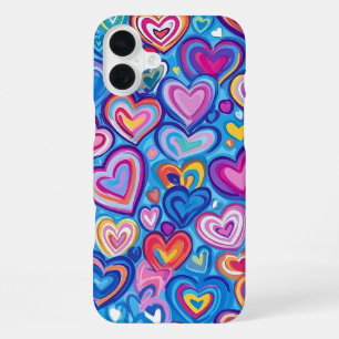 BRIGHTLY COLORED RAINBOW VALENTINE HEARTS iPhone 16 PLUS CASE