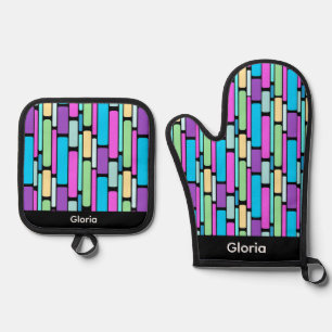 Brightly Colored Retro Blocks Oven Mitt & Pot Holder Set