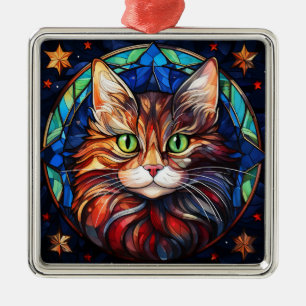 BRIGHTLY COLORED STAINED GLASS CHRISTMAS CAT FACE METAL ORNAMENT