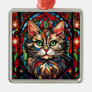 BRIGHTLY COLORED STAINED GLASS CHRISTMAS CAT FACE METAL ORNAMENT
