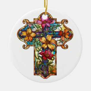 BRIGHTLY COLORED STAINED GLASS CROSS CERAMIC ORNAMENT