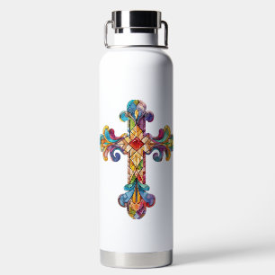 BRIGHTLY COLORED STAINED GLASS LOOK CROSS WATER BOTTLE
