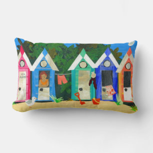 Brightly Coloured Beach Huts, Seagulls and Sand Lumbar Cushion